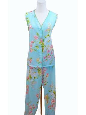Vintage Oscar de la Renta Pajama Set Blue & Pink Floral 2PC Size M